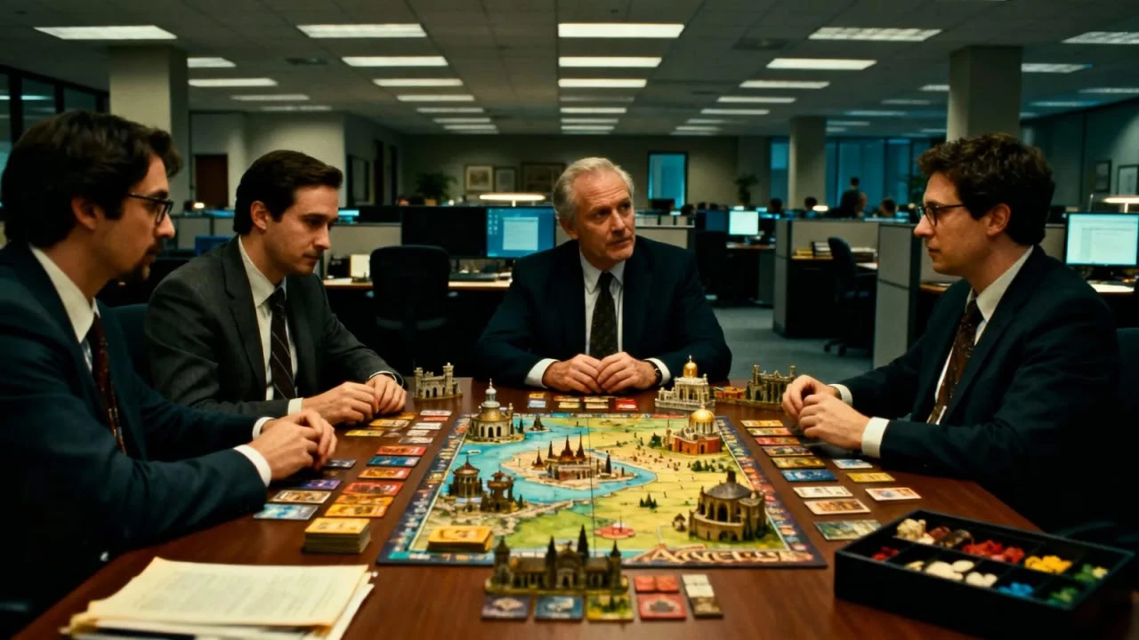 Persone che giocano a boardgame strategico: metafora delle soft skill di leadership e negoziazione aziendale